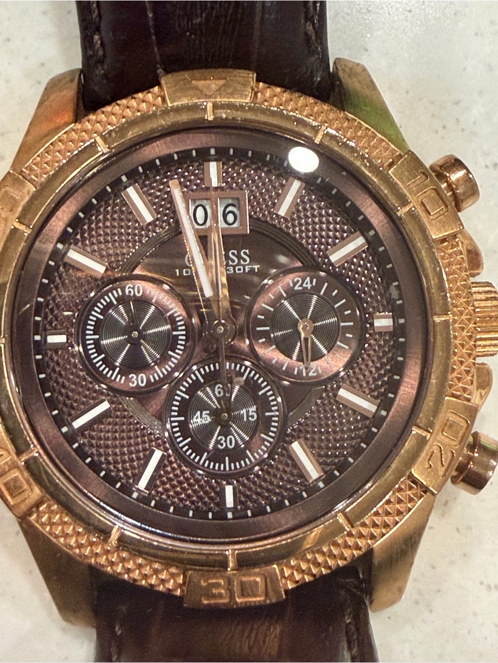 Guess Gold-Tone Case with Dark Brown Leather Strap Watch